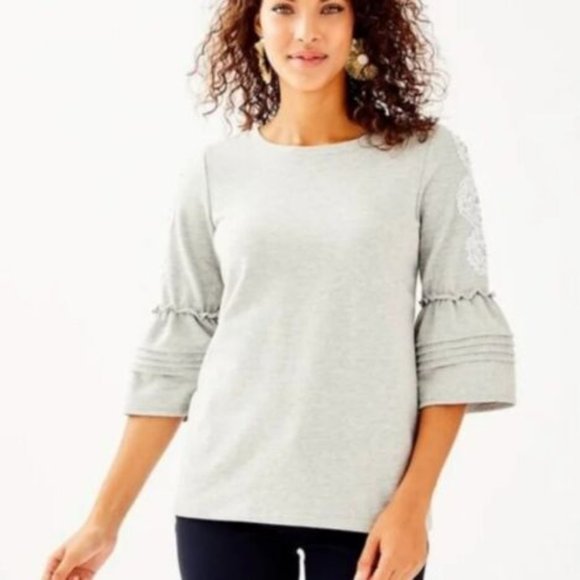 Lilly Pulitzer Fatima Rhinestone Embellished Top Heathered Seaside Gray Small - Picture 1 of 10